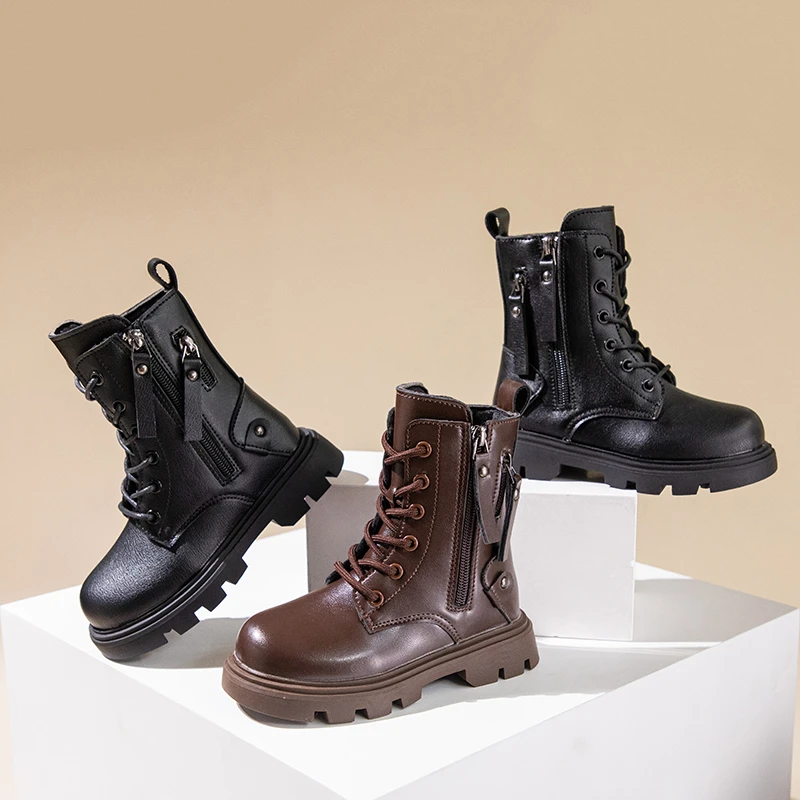 Classic Girls Platform Boots Spring Autumn Fashion Kids Causal Leather Boots Versatile Non-slip Black Brown Children Ankle Boots