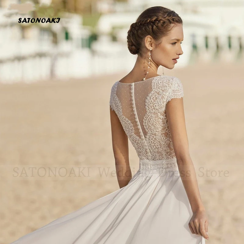Boho Chiffon Lace Wedding Dress for Women Cap Sleeves A-Line V-Neck Beach Bride Gown Vestidos De Noiva Robe wedding dresses