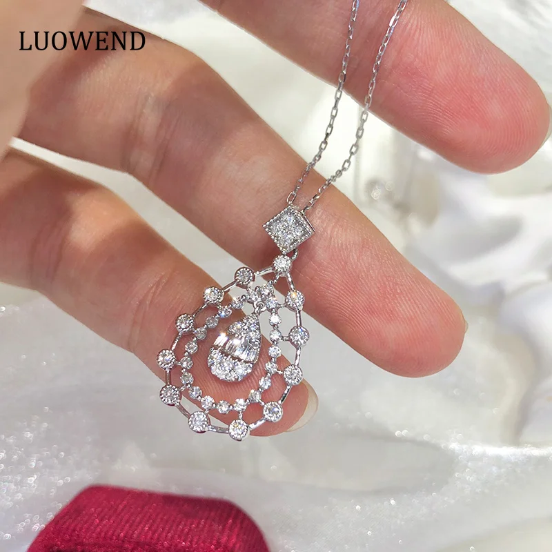 LUOWEND 18K White Gold Necklace Real Natural Diamonds 0.68carat Romantic Pearl Edge Water Droplet Design Necklace for Women