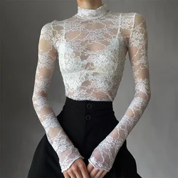 Women's Lace Floral Crop Tops Fairy Grunge White Long Sleeve Mock Neck Mesh See Through Floral Slim T-shirts Y2k Club Streetwear