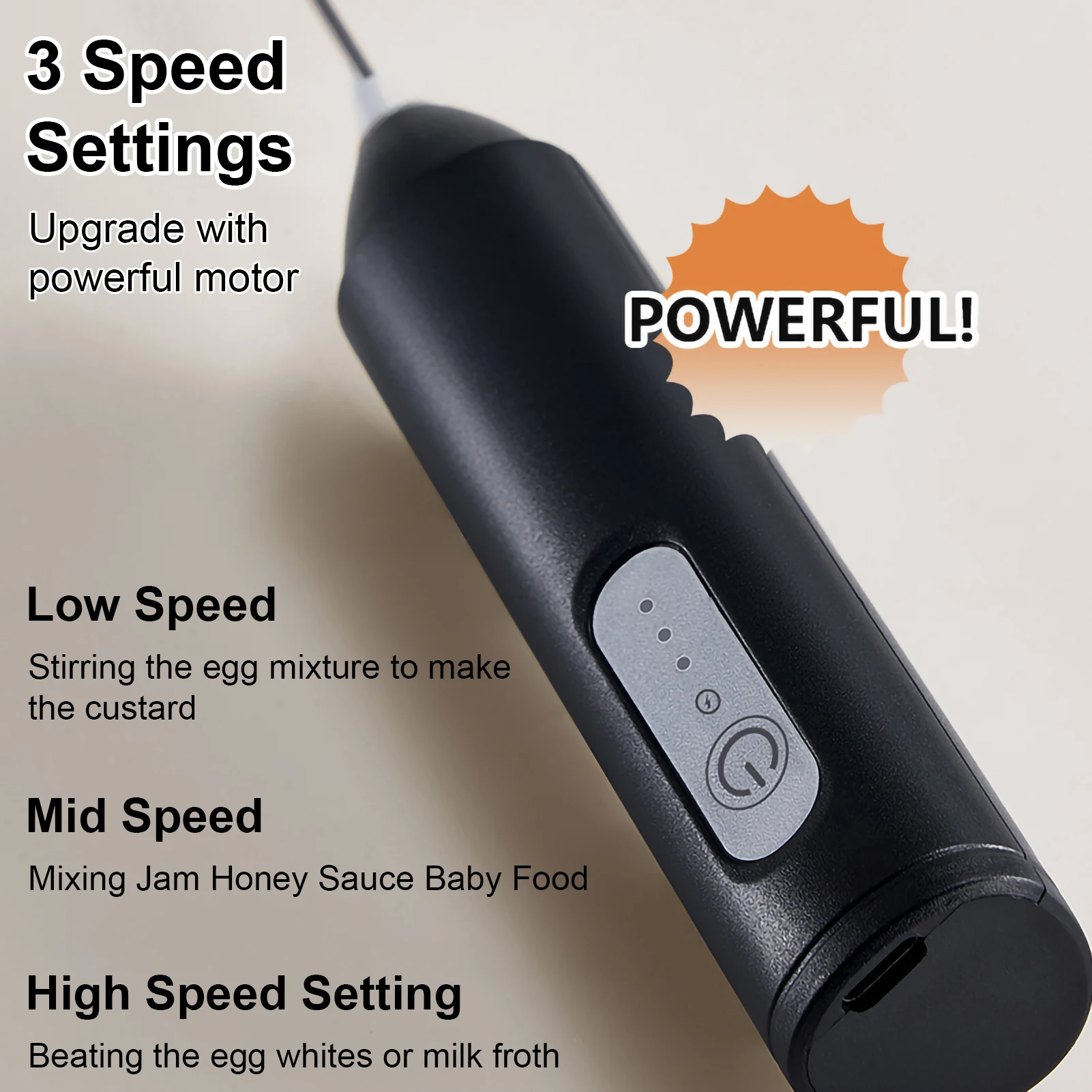 Description Picture 4 of itemMini Milk Frother 3 Speeds Foam Maker Coffee Whisk USB Rechargeable Mixer Electric Handle Blender Egg Beater Hot Cooking Tools