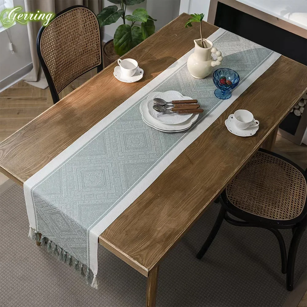 

Gerring Table Runner Green Nordic Jacquard Geometric Table Flag Fringe Tea Country Tablecloth Table Runners For Dining Table