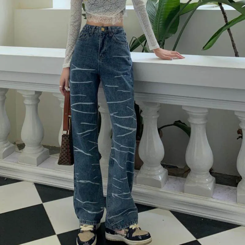 JMPRS Streetwear Women Jeans Loose Vintage Korean Striped Straight Full Denim Pants Blue Casual Summer Pure Cotton Wide Leg Jean bell bottom jeans