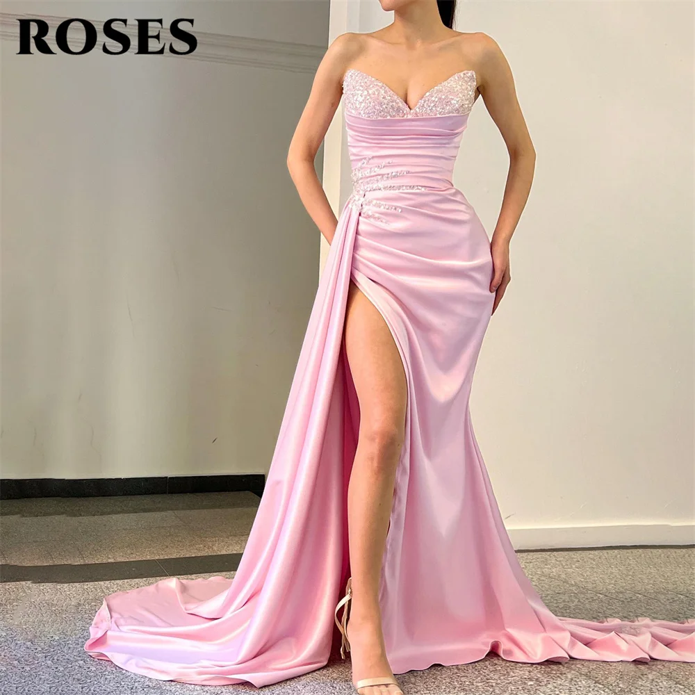 

ROSES Pink Mermaid Sexy Evening Dress Pleat Charming Prom Dress Beading Sequin Party Dress With High Split vestidos de noche