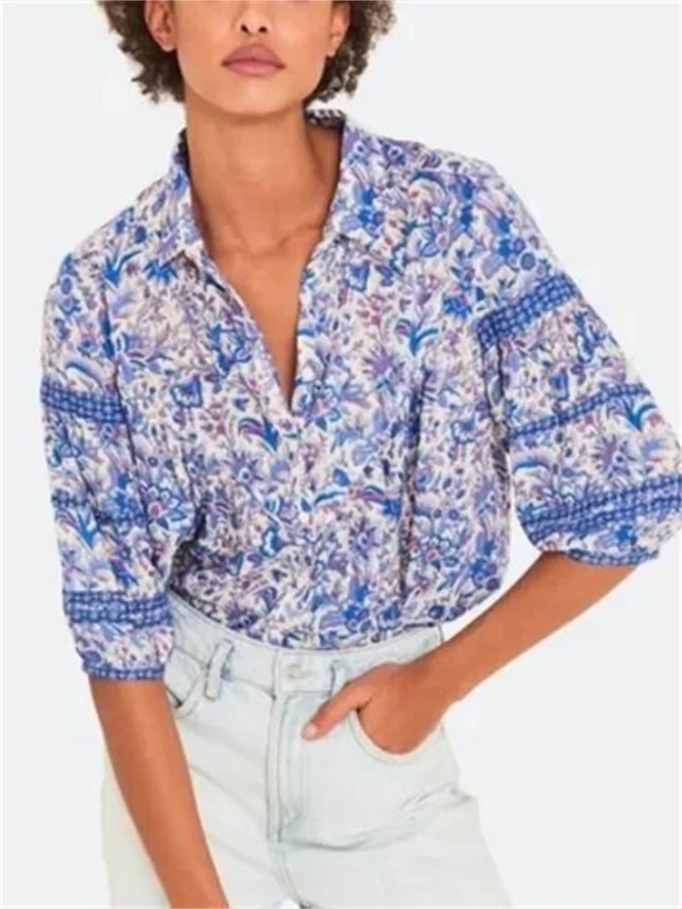 

Блузка женская из вискозы, однобортная Модная рубашка с отложным воротником и винтажным цветочным принтом, топ на весну и лето