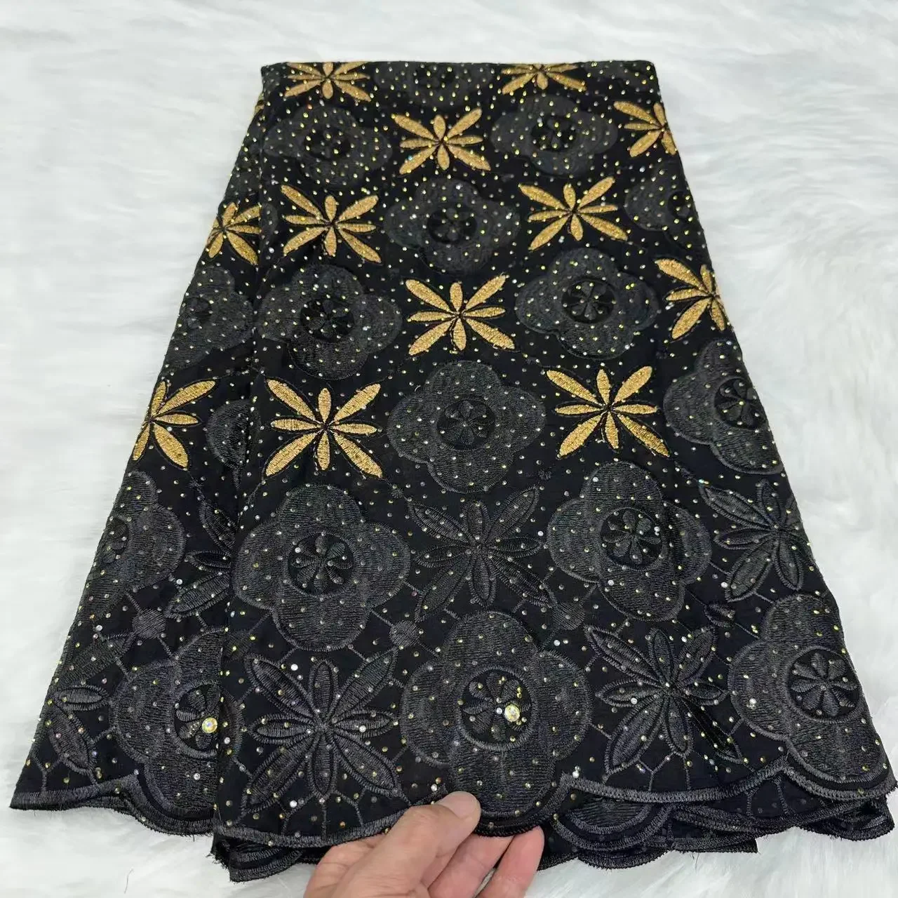 

New Design Black African Cotton Stones Lace Fabric 2024 High Quality Nigerian Swiss Voile Lace Fabric For Party Dress LYC2402