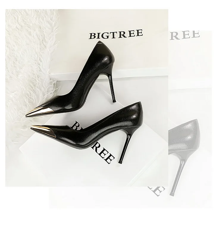 Shoes Metal Pointed Tip Women Pumps Fashion High Heels Ladies Shoes Stilettos Heels Pu Leather Female Pumps New