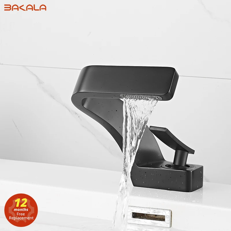 BAKALA Bathroom Deck Mounted Basin Faucet Black Sink Tap Single Hole Water Tap Hot and Cold Mitigeur Salle De Bain Mixer Faucet 1