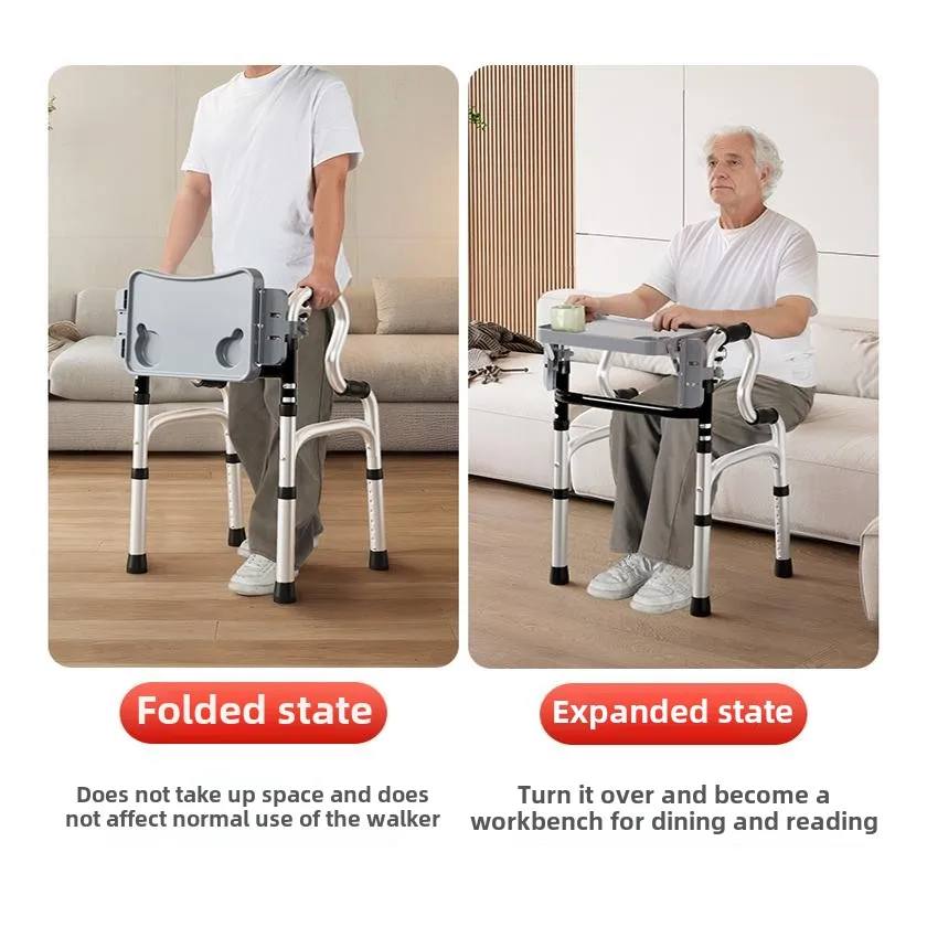 Lightweight Walkers for Elderly Aluminium Alloy Folding Walking Stick with Seat Walking Aid with Meal Plate for Hospital Family