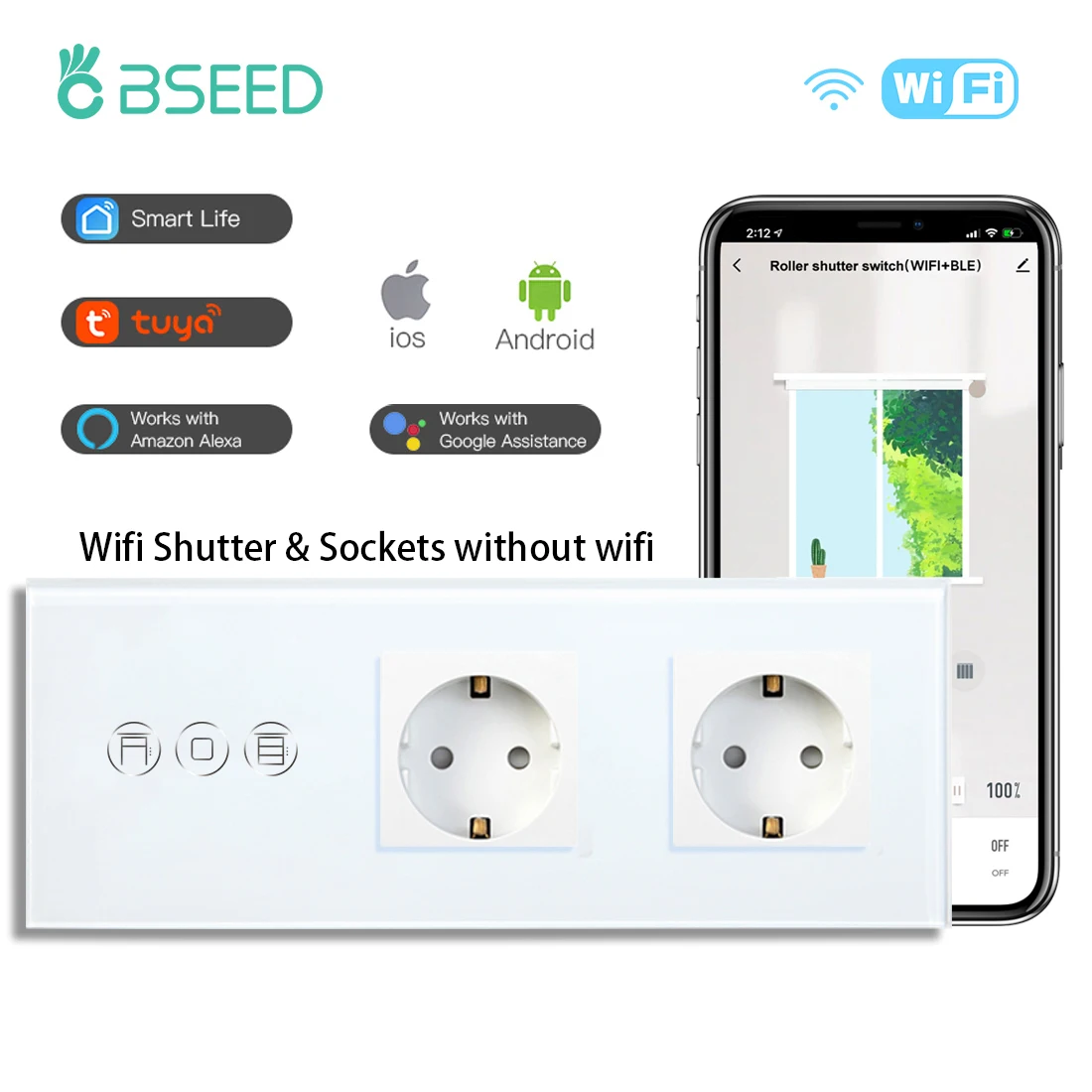 

Умный беспроводной сенсорный выключатель BSEED для жалюзи Tuya Smart Life с управлением через приложение и розеткой европейского стандарта без Wi-Fi