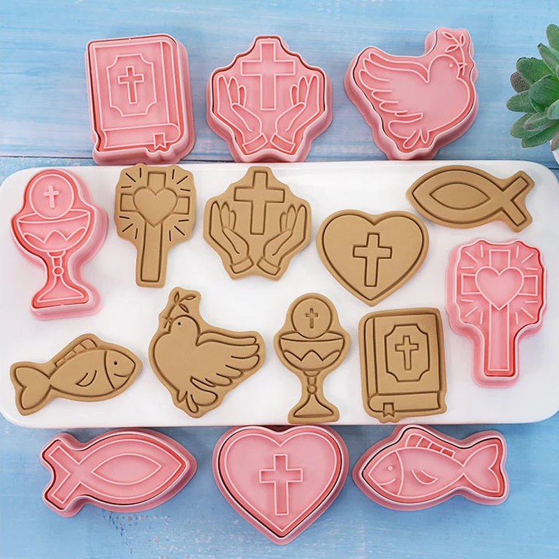 

8pc Set First Holy Communion Cartoon Cookie Mold Christian Cross Baby Baptism Cookie Embosser Mold Fondant Cake Decorating Tools