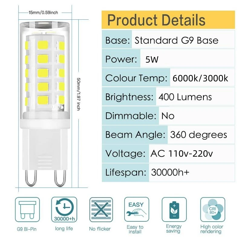 10 stk lyseste g9 led pære ac220v 5w keramisk smd2835 led pære varm/kold hvid spotlight udskift halogen lys engros