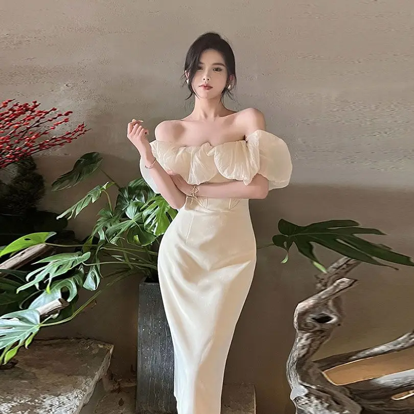 

French Elegant Flower One Shoulder Dress Party Slim Fit Wrap Hip Dress Women's Clothes High End Beach Dress