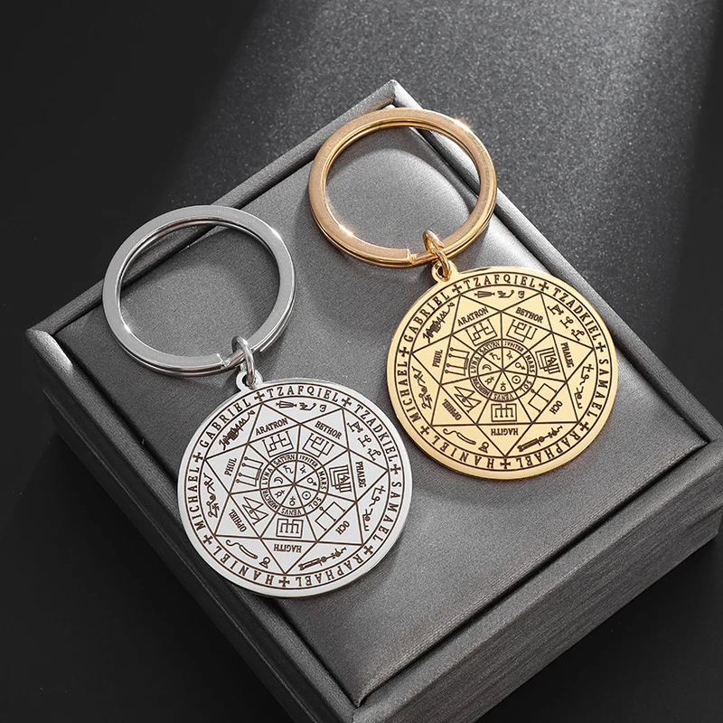Acciaio Inossidabile Vintage Seven Angels Magic Array Seal Pendant Salomone Kabbalah Amuleto Uomo Donna Buona Fortuna Portachiavi Moto