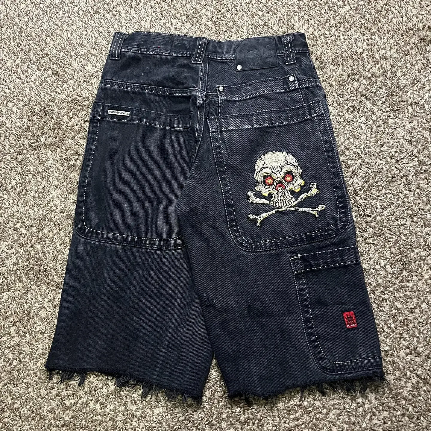 Y2K New JNCO Jeans Shorts Vintage Harajuku Skull Embroidery Baggy Jeans Men and Women Hip Hop Gothic Wide Leg Denim Short Pants