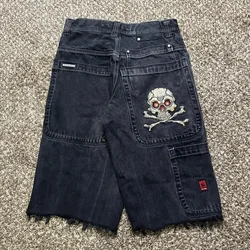 Y2K New JNCO Jeans Shorts Vintage Harajuku Skull Embroidery Baggy Jeans Men and Women Hip Hop Gothic Wide Leg Denim Short Pants