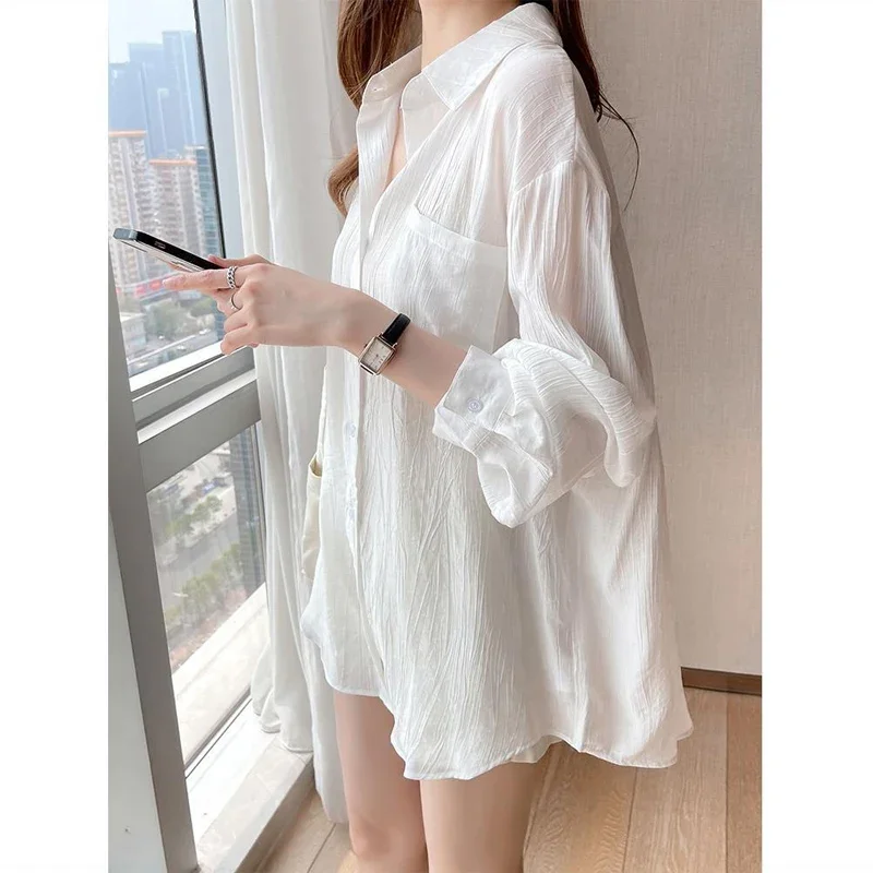 new Ice Silk White Sunscreen Shirt Women's Long Sleeved 2023 Summer New Versatile Cardigan Thin Coat Simplicity Fashion Clothing