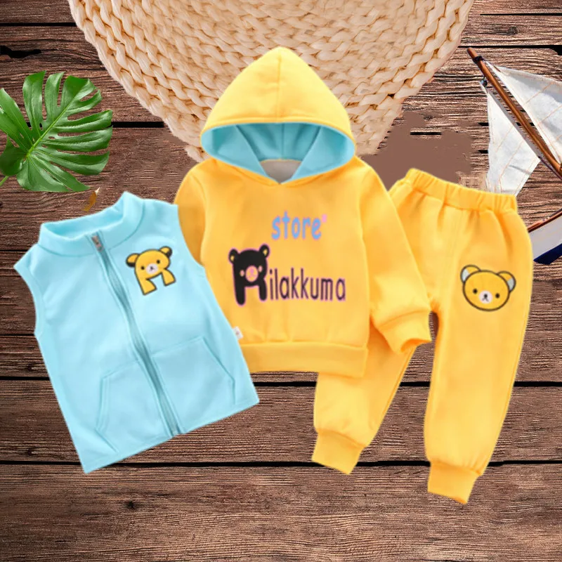 Children's Clothing Winter Suit 1 2 3 4 Years Toddler Boy Girl Fashion Fleece Thick Warm 3PCS Set Vest Hooded Tops Pants