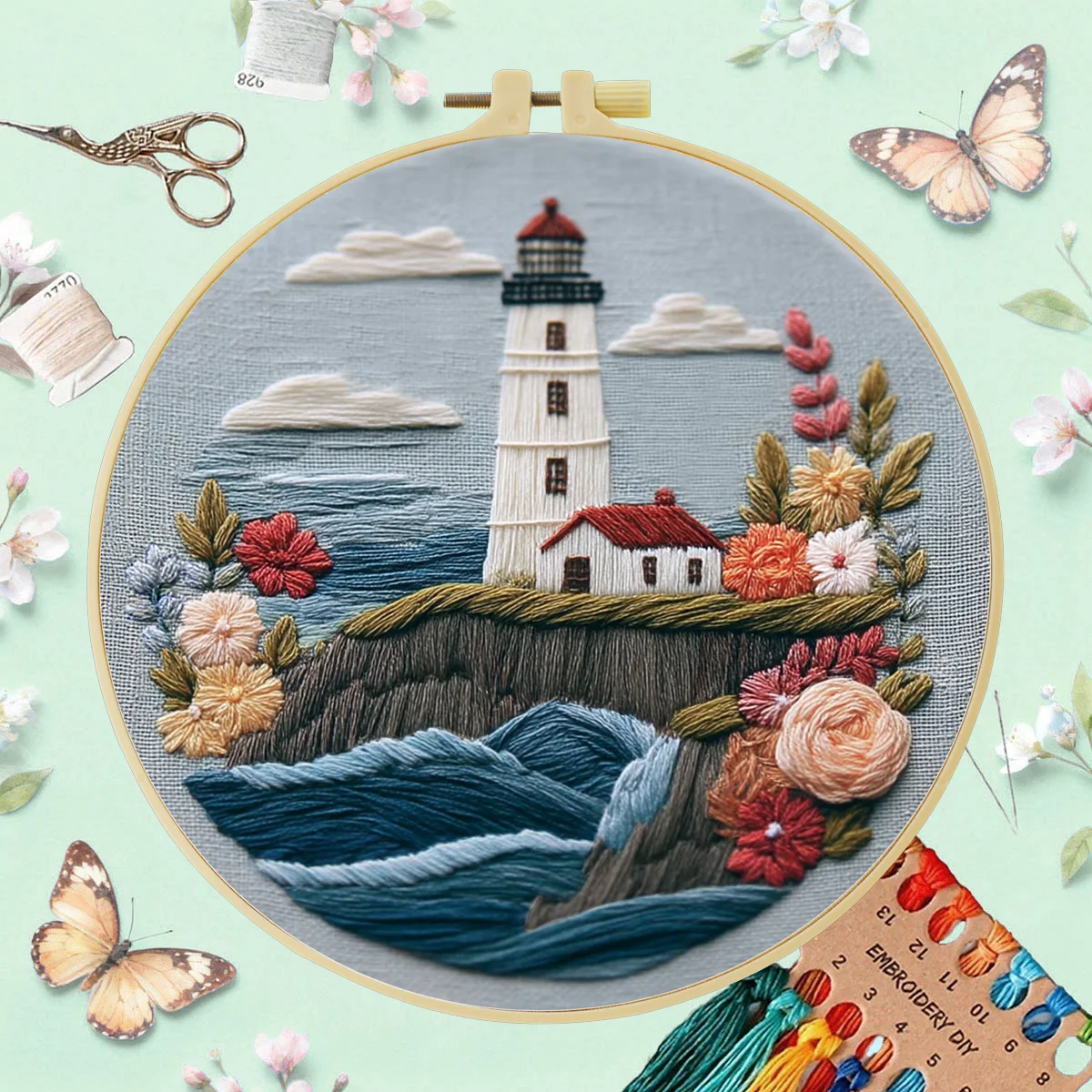 1 Stück 20X20CM/15X15CM Stickerei-Starter-Kit DIY-Set Kreuzstich Nähkunst - Der Turm am Meer