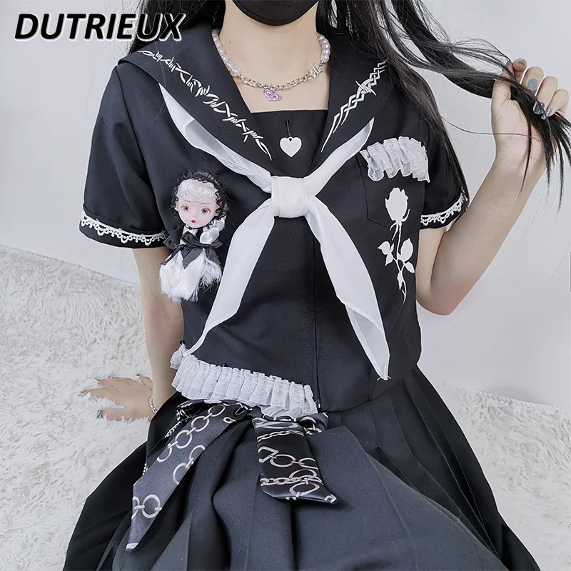 Summer Hot Girl JK Uniform Short Sleeve Black Top Sweet Sailor Suit and High Waist Pleated Skirt 2 Piece Sets Womens Outfits