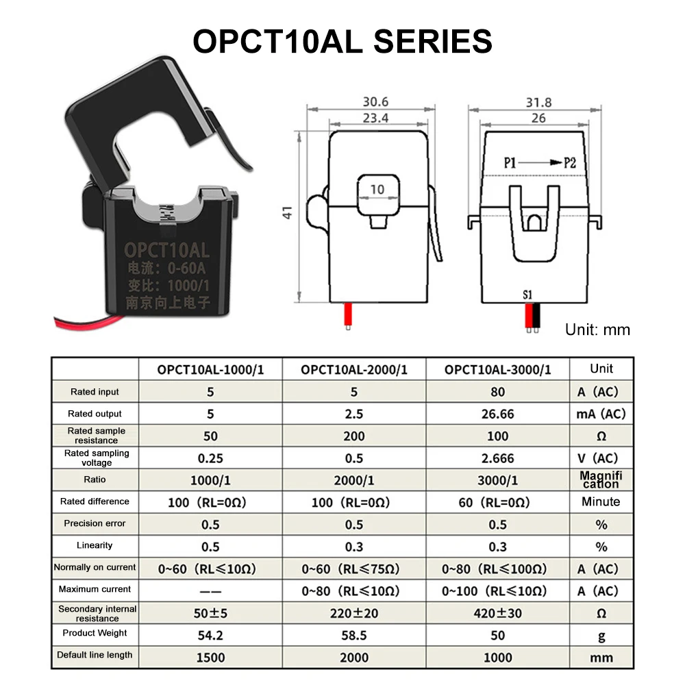 Miniature Split Core Current Transformer Clamp on OPCT10AL 0-60A 1000/1 2000/1 3000/1 Ferrite Cores Clamp Current Sensor power transformer