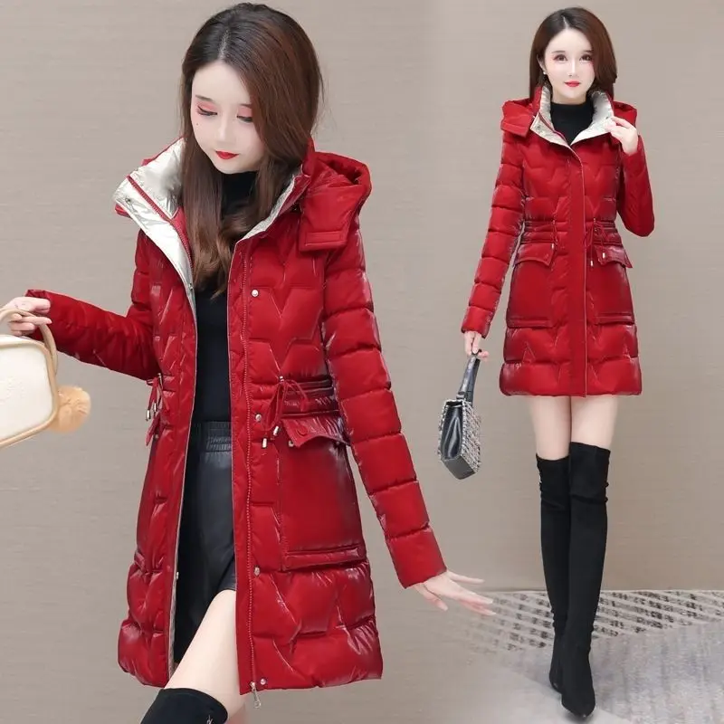 New Women's Down Cotton Coat Winter Warm Jacket Long Thick Bright Face Wash Padded Jackets Female Hooded Parker Overcoat Red 5XL