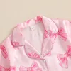 Children s Girls Summer Pajama Set with Cute Bow Print Short Sleeve Shirt and Elastic Waist Shorts - 2 Piece Lounge Suit 1
