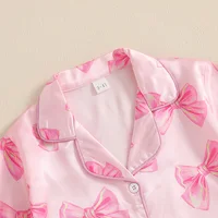 Children s Girls Summer Pajama Set with Cute Bow Print Short Sleeve Shirt and Elastic Waist Shorts - 2 Piece Lounge Suit 1