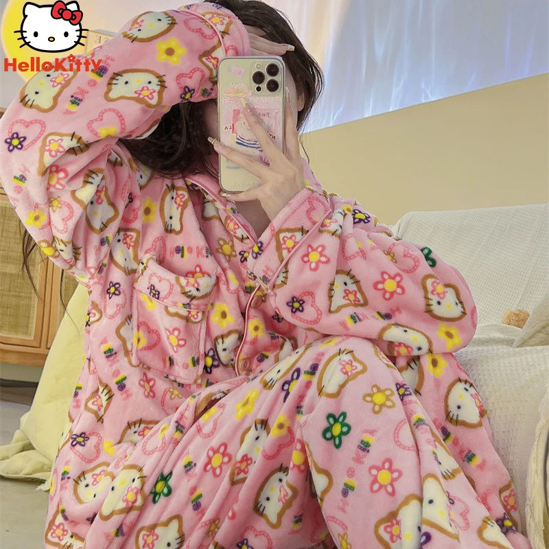 

Пижама Hello Kittys из кораллового флиса Sanrios аниме Kawaii корейская мода простые милые девушки домашний Теплый Женский комплект