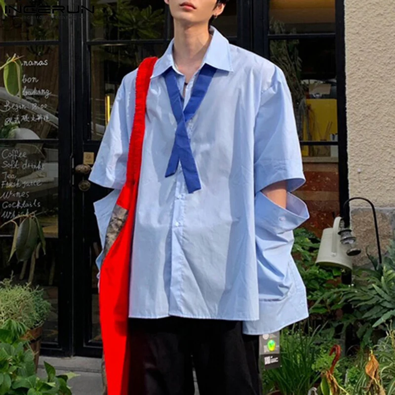 

Мужская рубашка в стиле пэчворк с отложным воротником и длинными рукавами, уличная одежда в Корейском стиле, мужская одежда 2024, модные повседневные свободные мужские рубашки