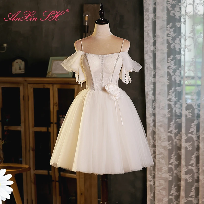 

Женское короткое вечернее платье AnXin SH, белое кружевное платье на тонких бретелях, с кристаллами, для вечеринки невесты