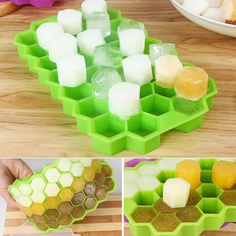 Silicone Ice Cube Mold Creative 37 Cavity Honeycomb Ice Cube Maker Reusable Trays Silicone Ice Cube Mold BPA Free Mould with Removable Lids