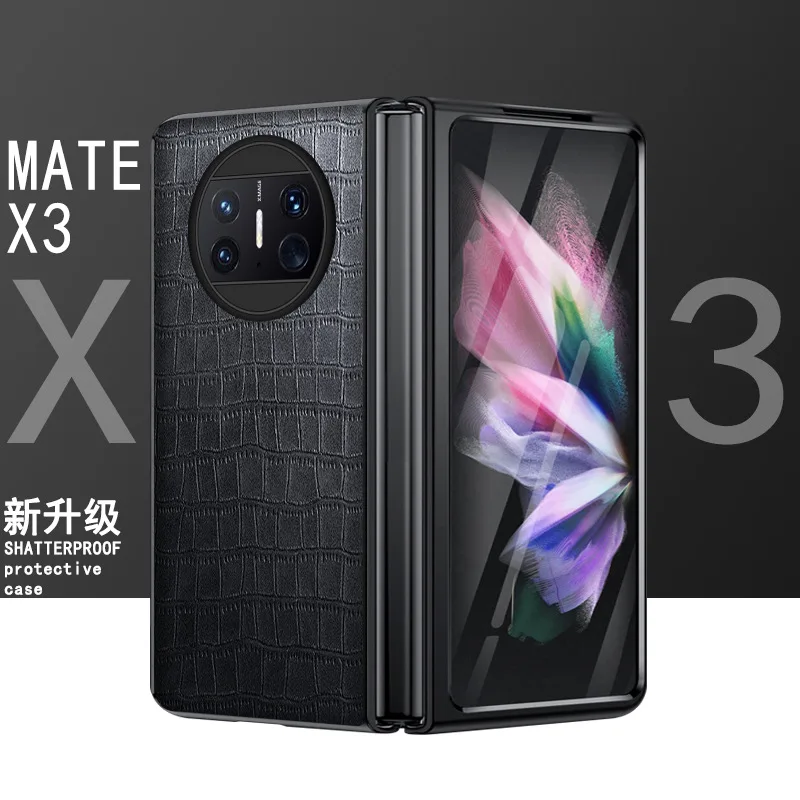 

With Tempered Glass Film Crocodile Pattern Leather Material For Huawei Mate X3 Case For Huawei MateX3 Case