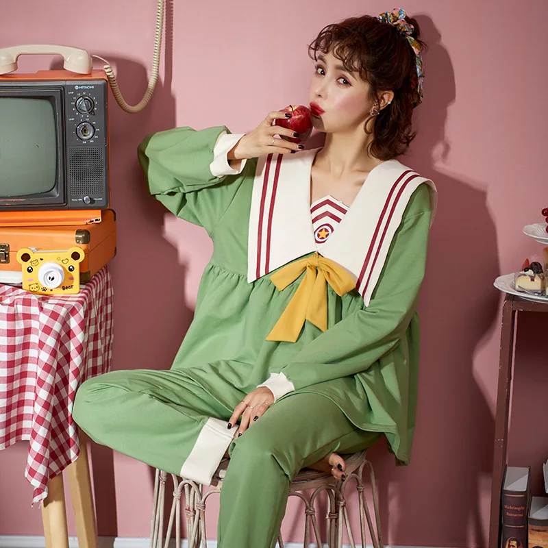 New Cotton Pajama Sets Women Sweet Girl Lounge Cute Sleepwear Long Sleeve Casual Nightwear Female Pijamas Comfortable Loungewear
