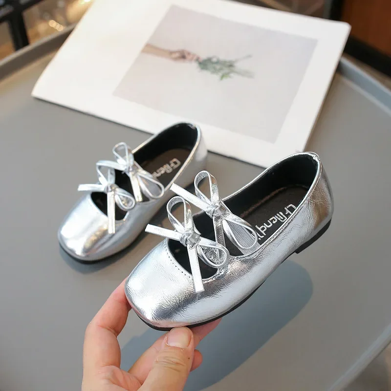 Mary Jane Shoes Girls Shoes Girls Flats Princess Shoes for Girls Fashion Double Bowknot Chic Children Mary Jane Shoes Gold Sliver Square Toe Elegant Kids Flats