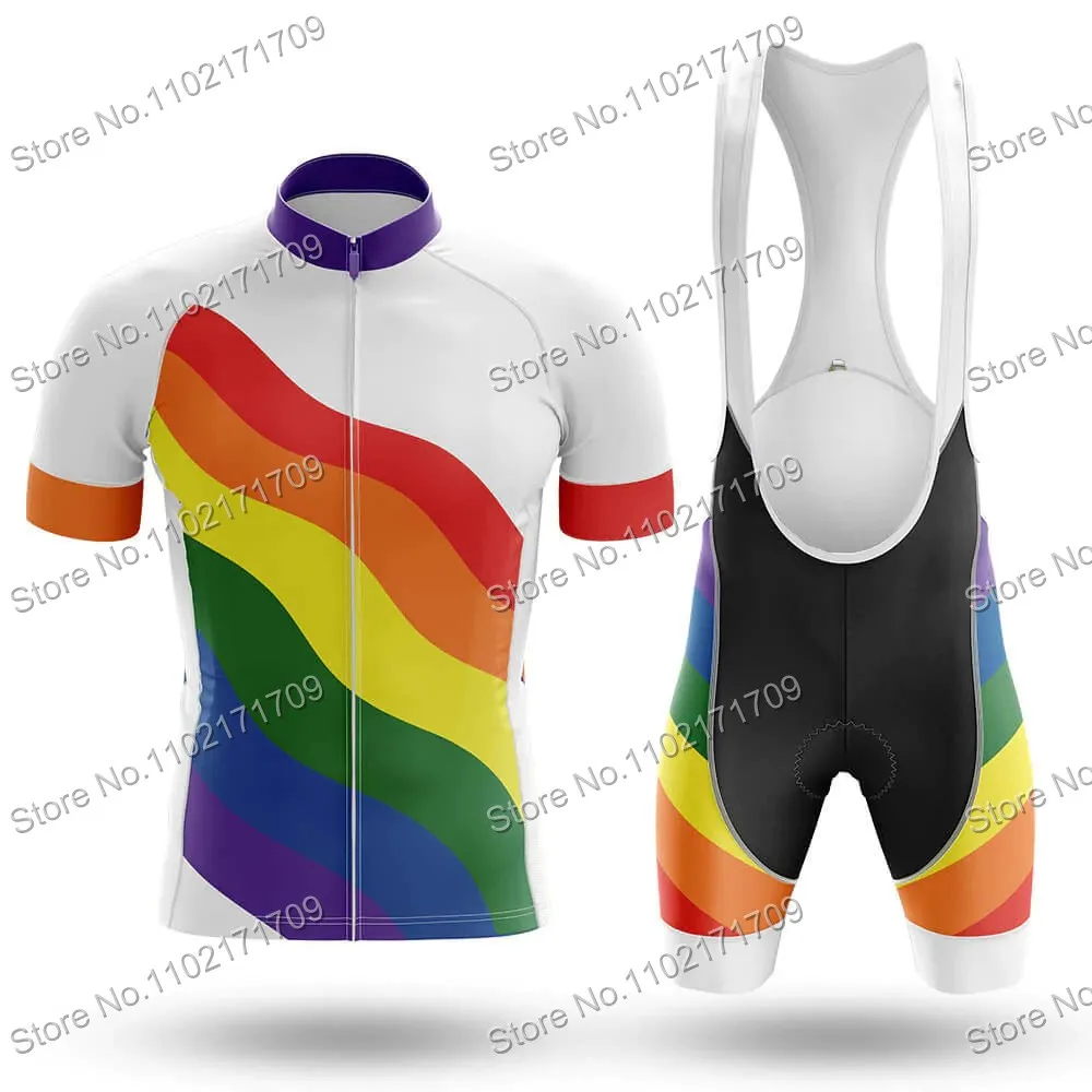 Retro Cycling Jersey Set Unisex Rainbow Stripes Bicycle Clothing