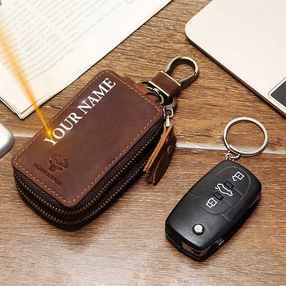 100% Genuine Leather Key Wallets For Men Fashion Zipper Coin Purse Travel Car Keychain Wallets with Free Engraving