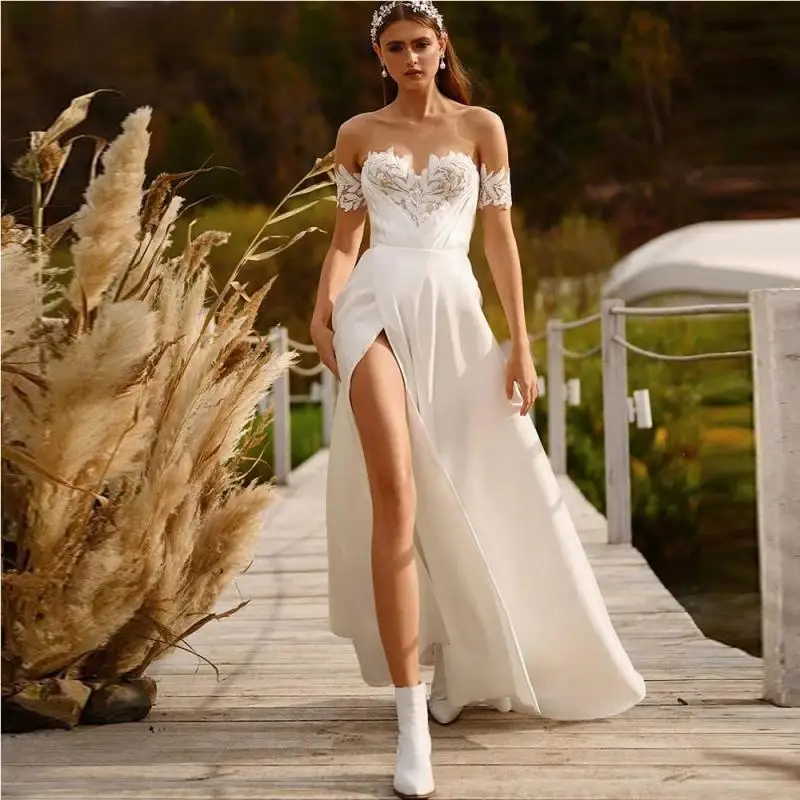 

Modern A-Line Wedding Dress High Slit Off The Shoulder Applique Lace Up Back Bridal Gown Floor Length Vestido De Novia