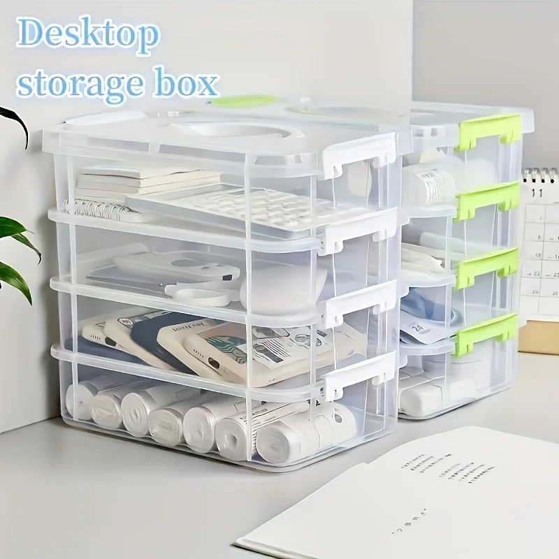 Organizzatore di Stoccaggio in Plastica a 4 Livelli Impilabile con Maniglia Portatile, Contenitore Salvaspazio per Gadget Domestici, Ufficio