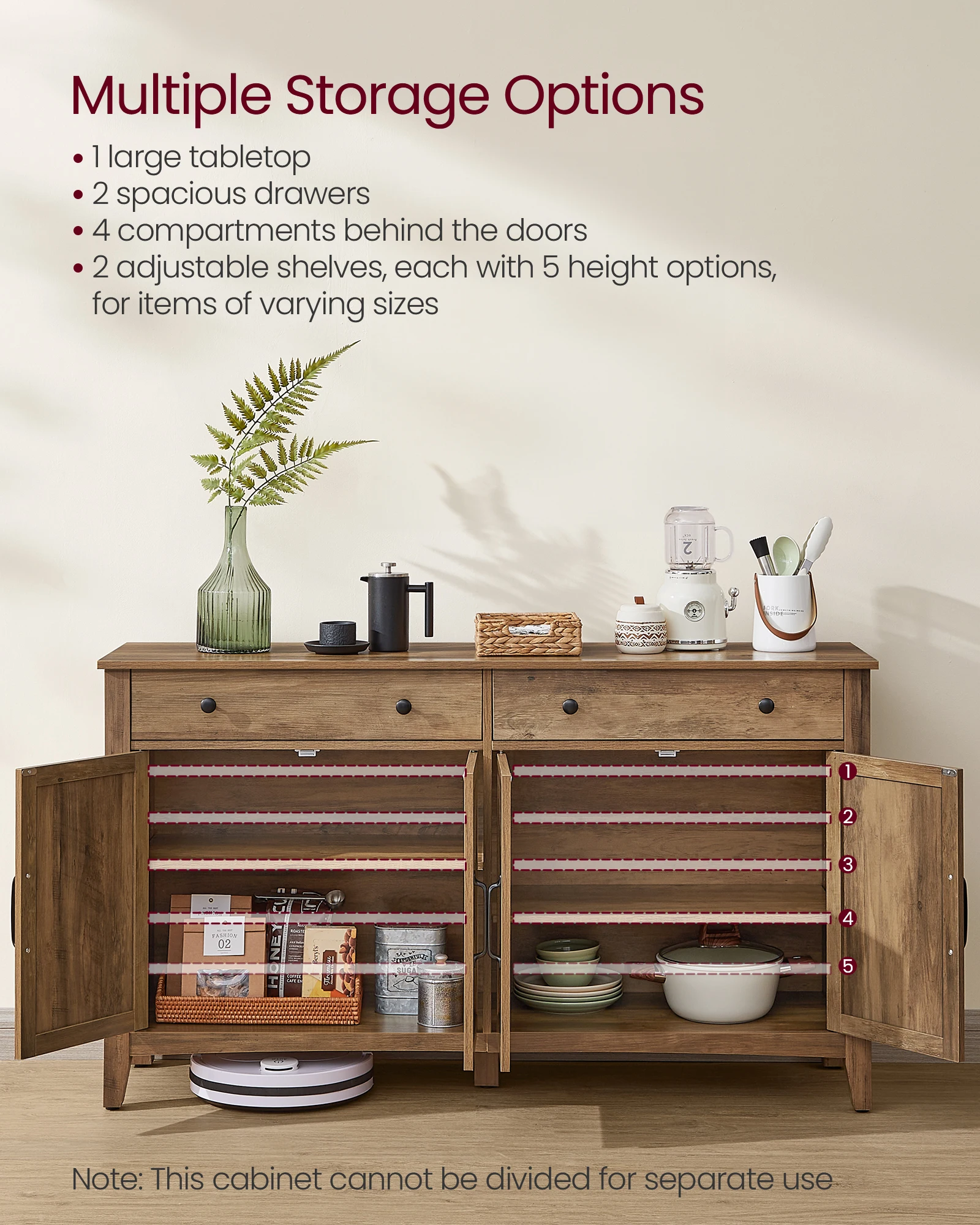 VASAGLE Coffee Bar Cabinet, Kitchen Storage Cabinet with 2 Drawers, Farmhouse Cabinet Sideboard with Adjustable Shelves