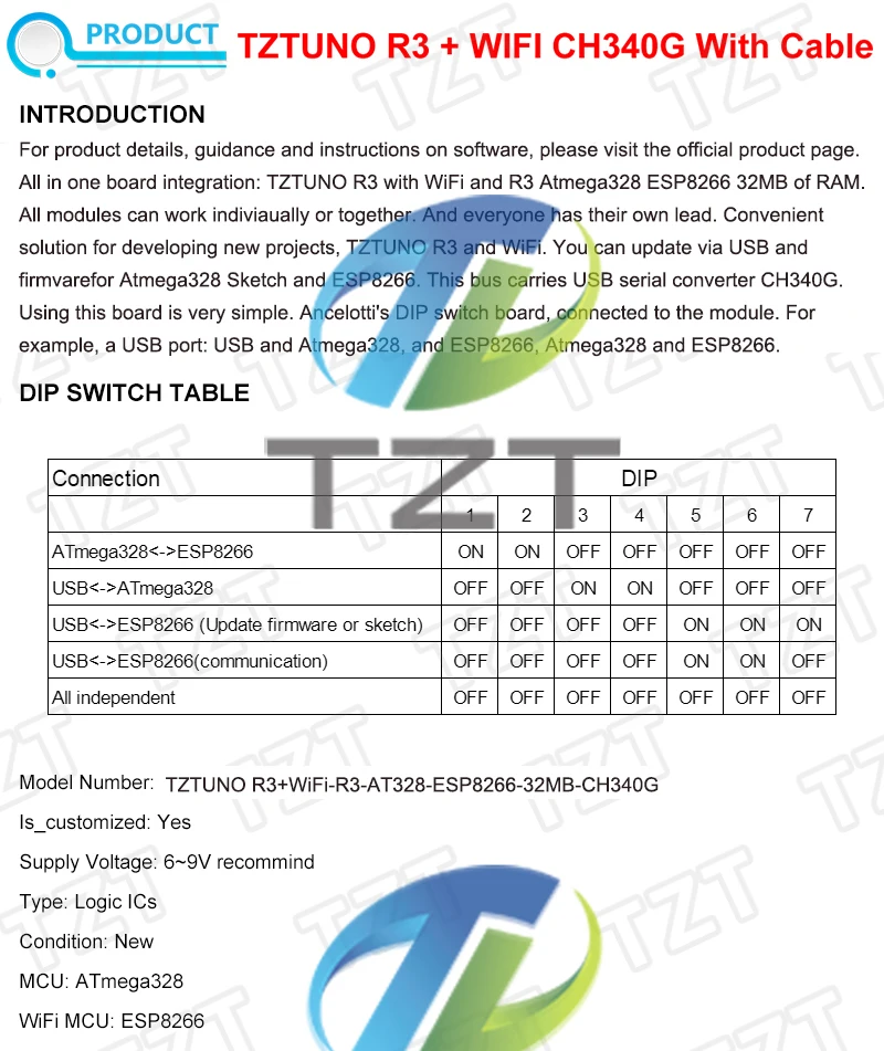 TZTUNO R3 Entwicklungsboard ATmega328P CH340 CH340G für Arduino TZTUNO R3 mit geradem Stiftleiste mit Kabel – Detail 5