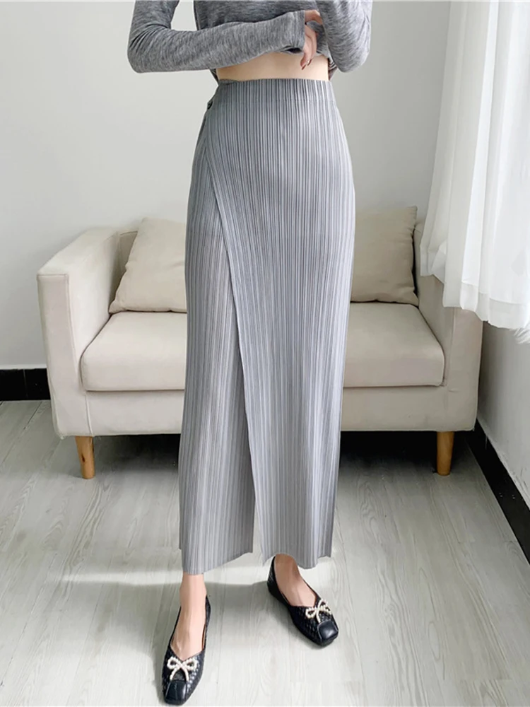 ALSEY Miyake Pleated Wide Leg Ankle length Pants for Women Autumn New Simple Elastic Waist Solid