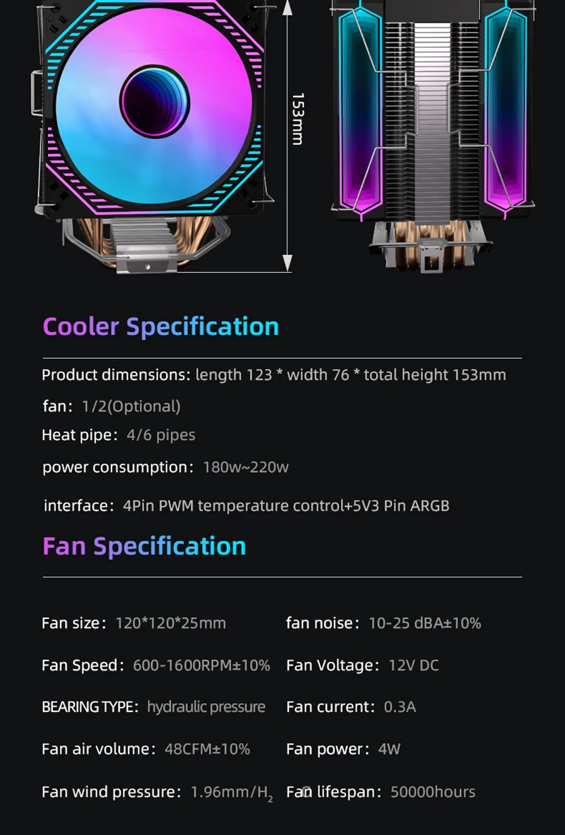 CPU Air Cooler 4 6 Heat Pipe PC Radiator Cooling ARGB PWM 12cm Fan For 1851/1700