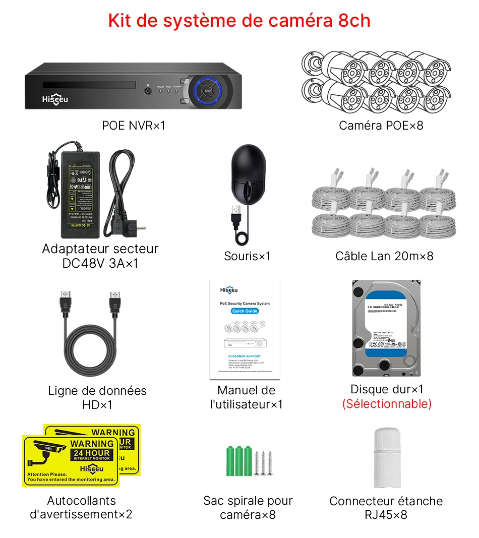Hiseeu 5MP CCTV 10CH 4K NVR POE ONVIF Kit Caméra IP Camera Voiture Vigilância De Recul Security Protection Appareille Photo De Video Surveillance Maison pour La Maison Extérieure Camara Exterior