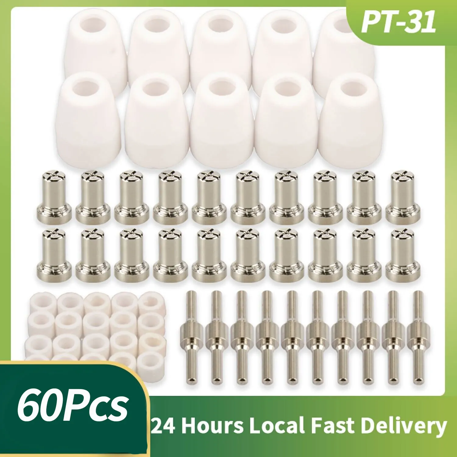 60Pcs PT31 Extended Nickel Plasma Cutter Electrode Tips Cup Plated Consumables For PT-31 CUT40 CUT50 LGK40 HYC410