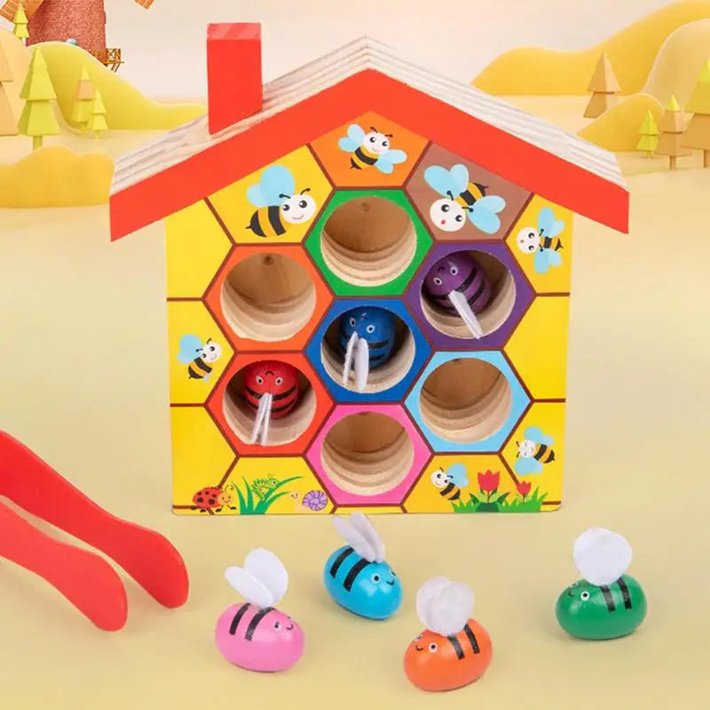 

Wooden Bee Hive Toy Wood Color Sorting Motor Skill Toy Wooden Bee hive Game Early Learning Preschool Educational Gift For Kids