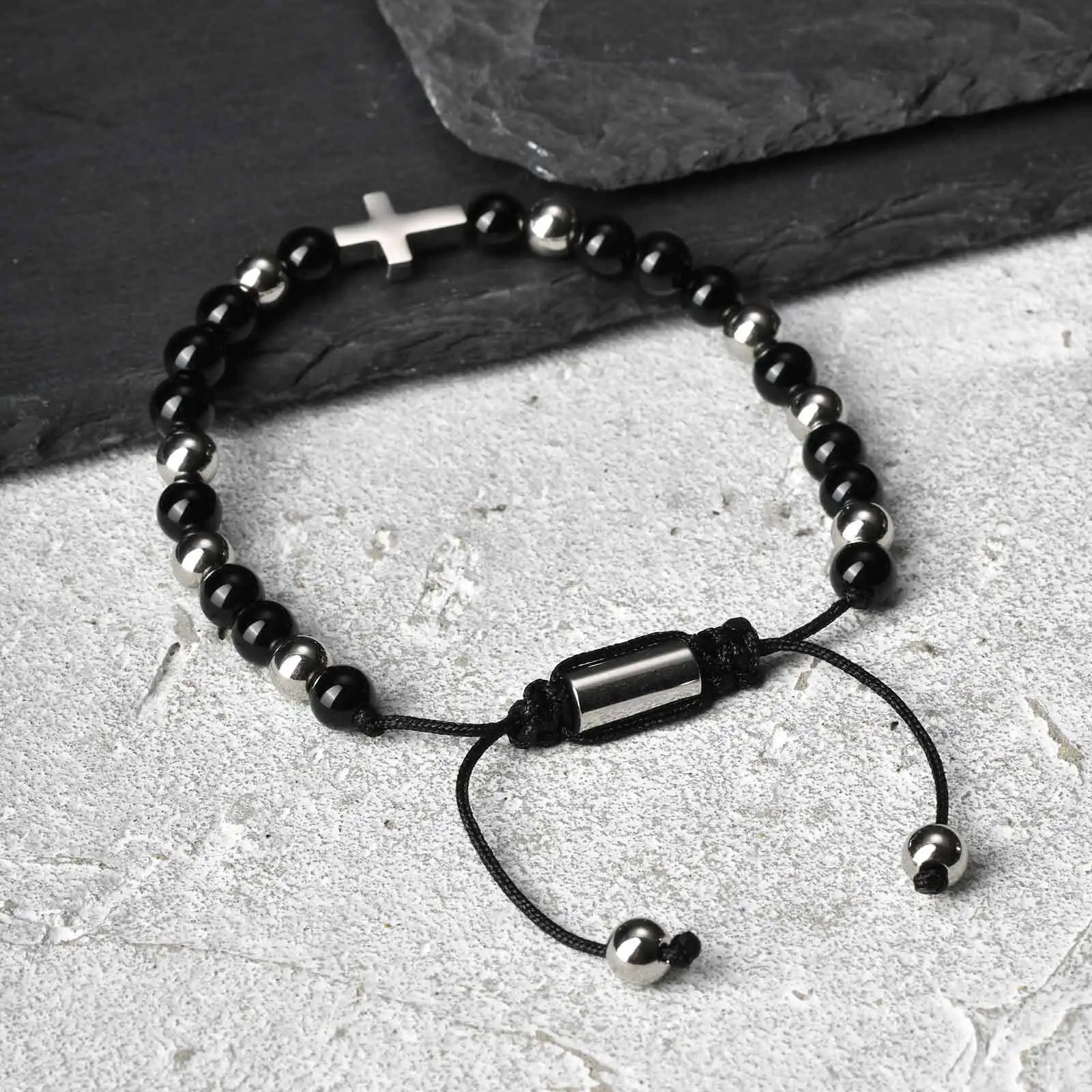 Trendy Kreuz Männer Armbänder, 6mm Naturstein Schwarz Lava Onyx Perlen Armbänder, Yoga Heilung Balance Schmuck Geschenk – Detail 6