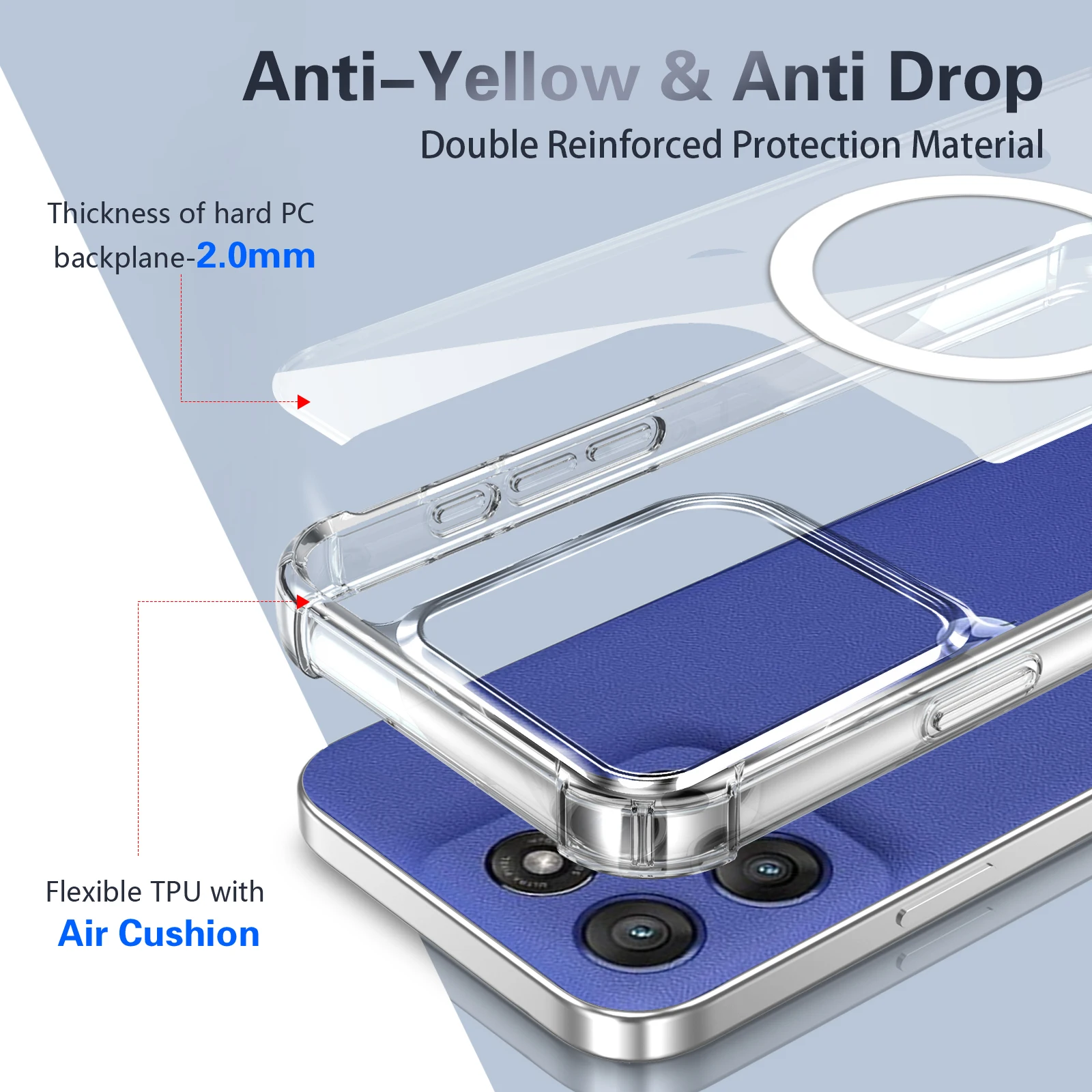 Anti-Yellowing Clear PC Magnetic Case with Airbag Shockproof Protection