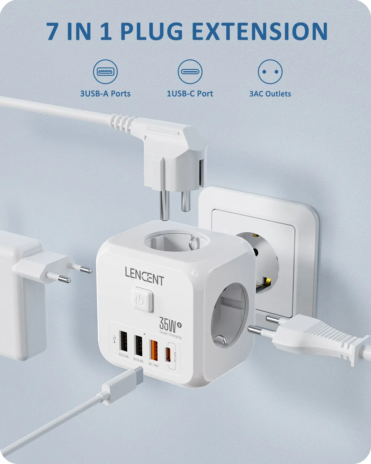 Extension de prise d'objectif avec 3 prises secteur, 3 ports USB et 1 prise ue de Type C 7 en 1, interrupteur marche/arrêt pour la maison