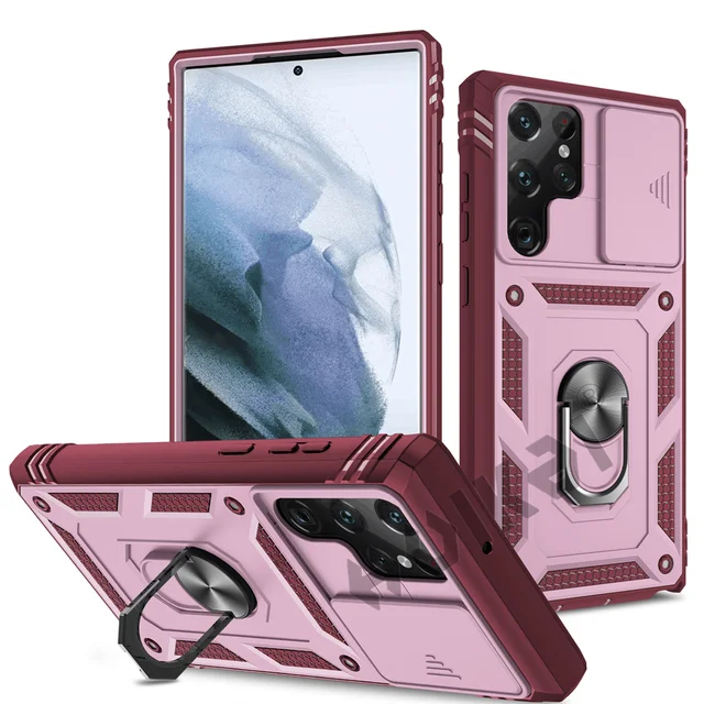 HUIKAI Case For Samsung S22 S21 FE Ultra Plus A52 A51 A32 5G Heavy Duty with Camera 360 Degree Rotate Kickstand Shockproof Cover Pink